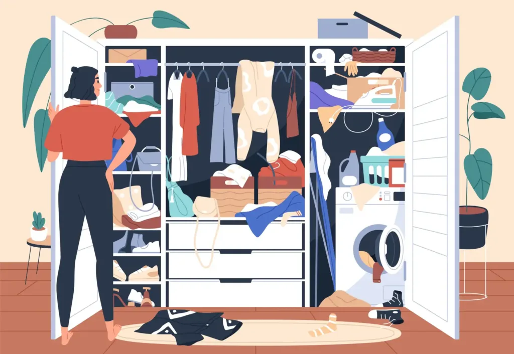 Illustration of a woman looking at an untidy wardrobe